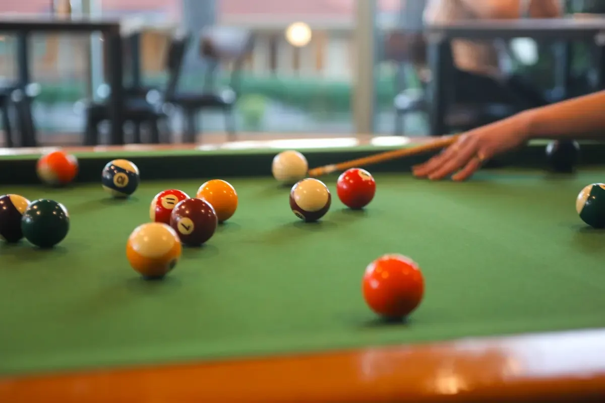 Close up of the balls on a pool table at Good Sport Napier