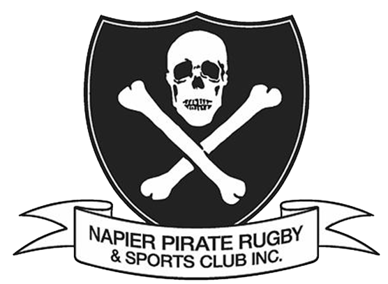 A black and white emblem featuring a skull and crossbones with a shield background. Below, there is a banner that reads "NAPIER PIRATE RUGBY & SPORTS CLUB INC."