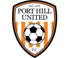 Port Hill United F.C. soccer team emblem with a black and white soccer ball at the center, orange and black shield design, established in 1975.