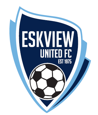 Eskview United FC logo with a shield shape, blue and white colors, a soccer ball, and text stating 'Eskview United FC EST 1975'.