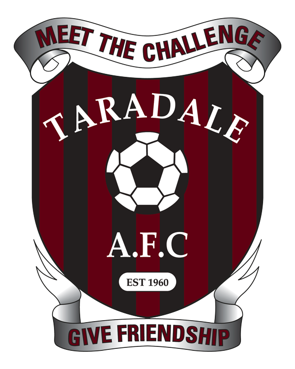 A sports emblem for Taradale A.F.C. featuring a shield with red and black vertical stripes, a soccer ball in the center, and banners with the words "Meet the Challenge" at the top and "Give Friendship" at the bottom, along with the club's establishment date, 1960.