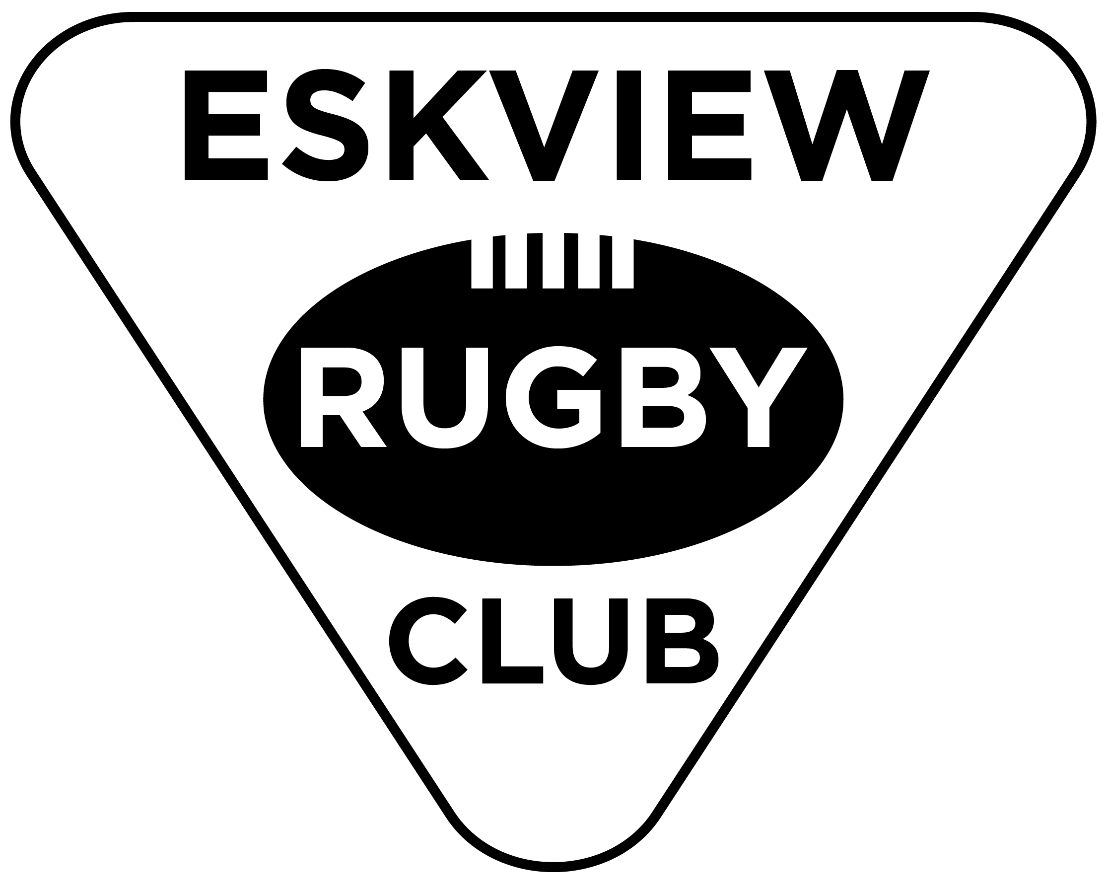 A black and white logo with a rugby ball inside a triangular shape, with the words 'ESKVIEW', 'RUGBY', and 'CLUB' written around the ball.
