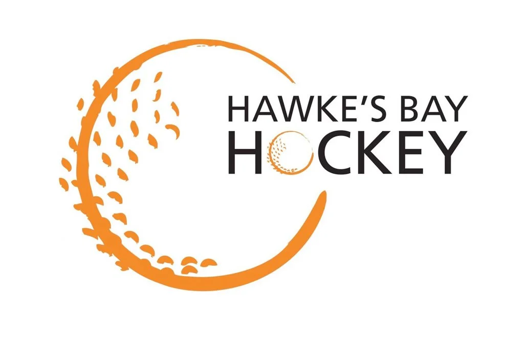 Logo for Hawke's Bay Hockey with an orange stylized hockey puck and a black wordmark.