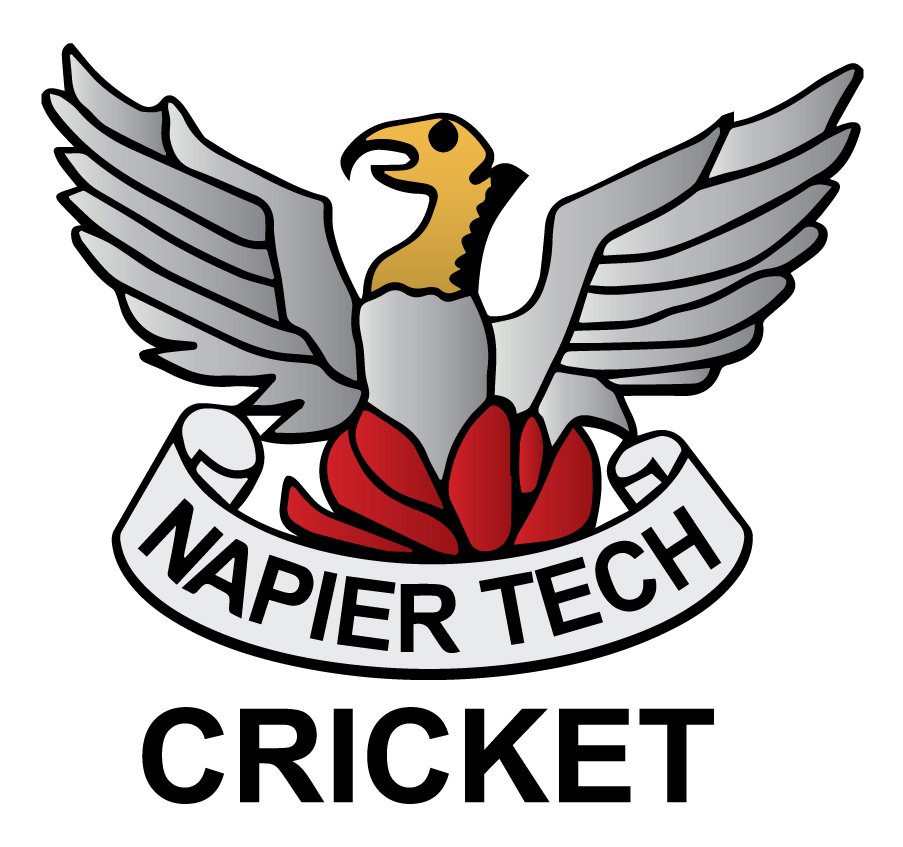 Logo of Napier Tech Cricket featuring a stylized eagle with wings spread, a yellow head, and a red and gray body with a banner reading 'Napier Tech' and the word 'Cricket' beneath.