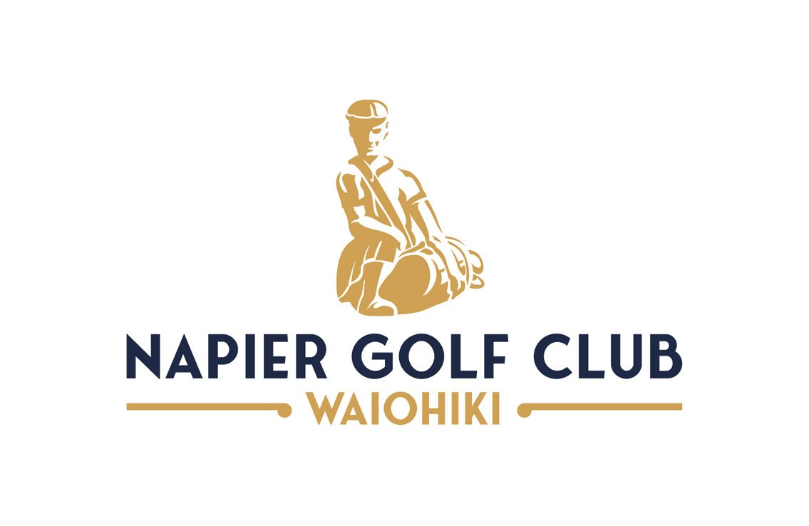 Logo of Napier Golf Club Waiohiki featuring a gold silhouette of a golfer sitting with a golf bag, with the club name in navy and gold text.