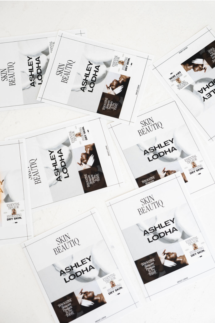Several skincare product labels with the brand name Ashley Lodha and the phrases 'Skin Beautiq' and 'Hydrating Dry Skin'.