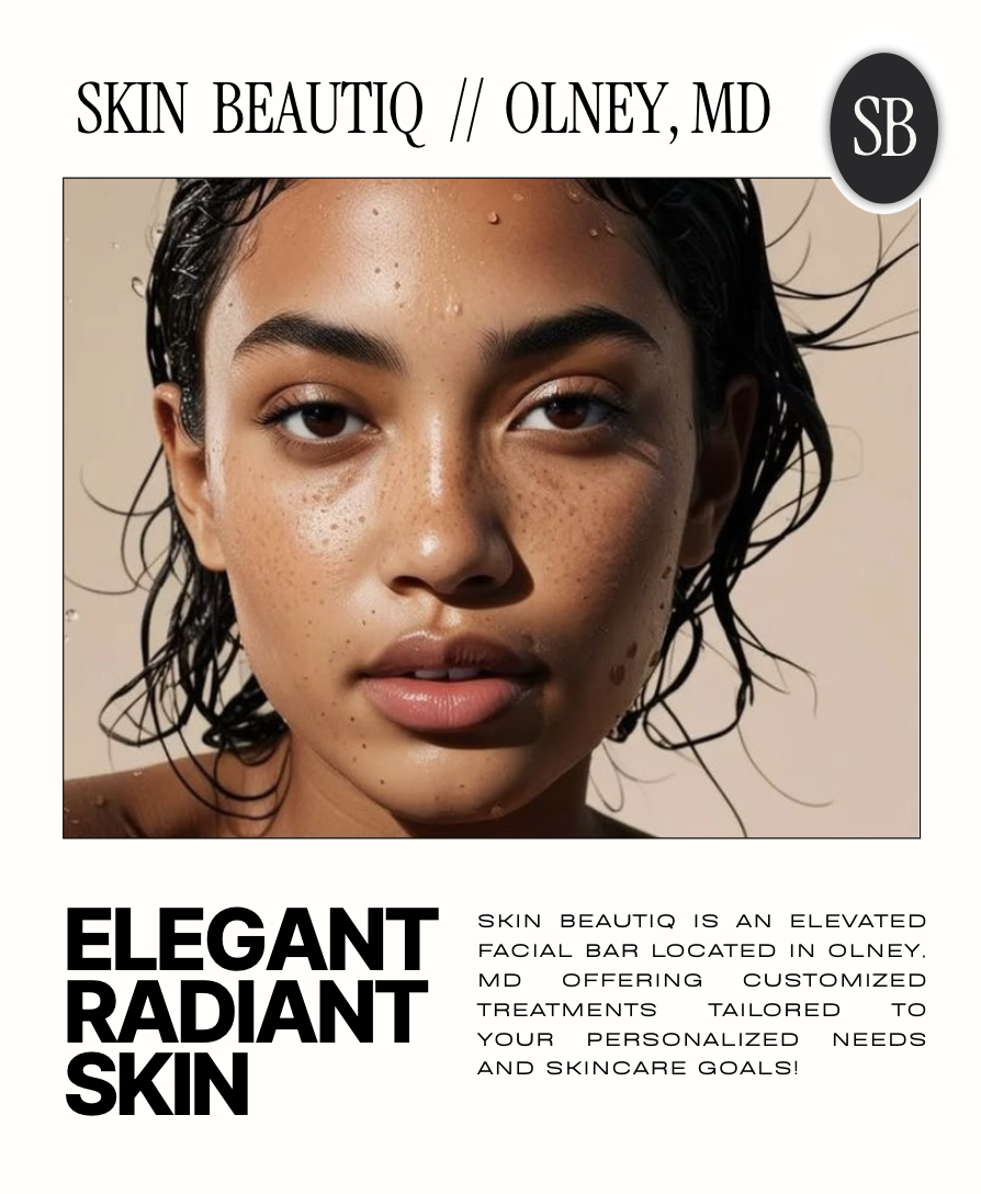 Close-up of a woman with wet hair and dewy skin, promoting Skin Beautiq, a facial bar in Olney, MD, specializing in personalized skincare treatments.