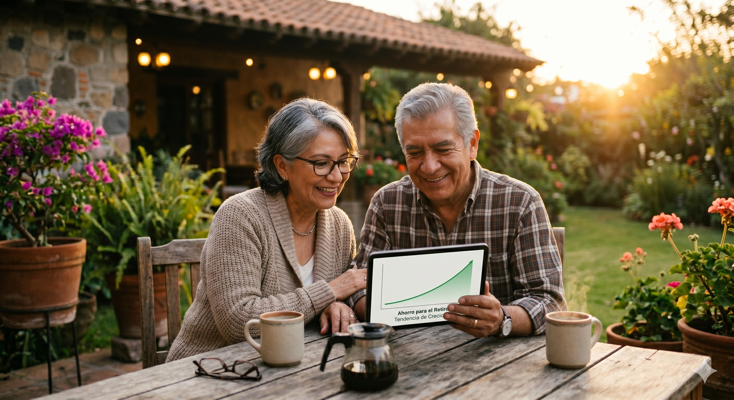 Una pareja de adultos mayores mira una tableta con gráficos de crecimiento en un ambiente de jardín al atardecer, rodeados de plantas y flores en macetas.