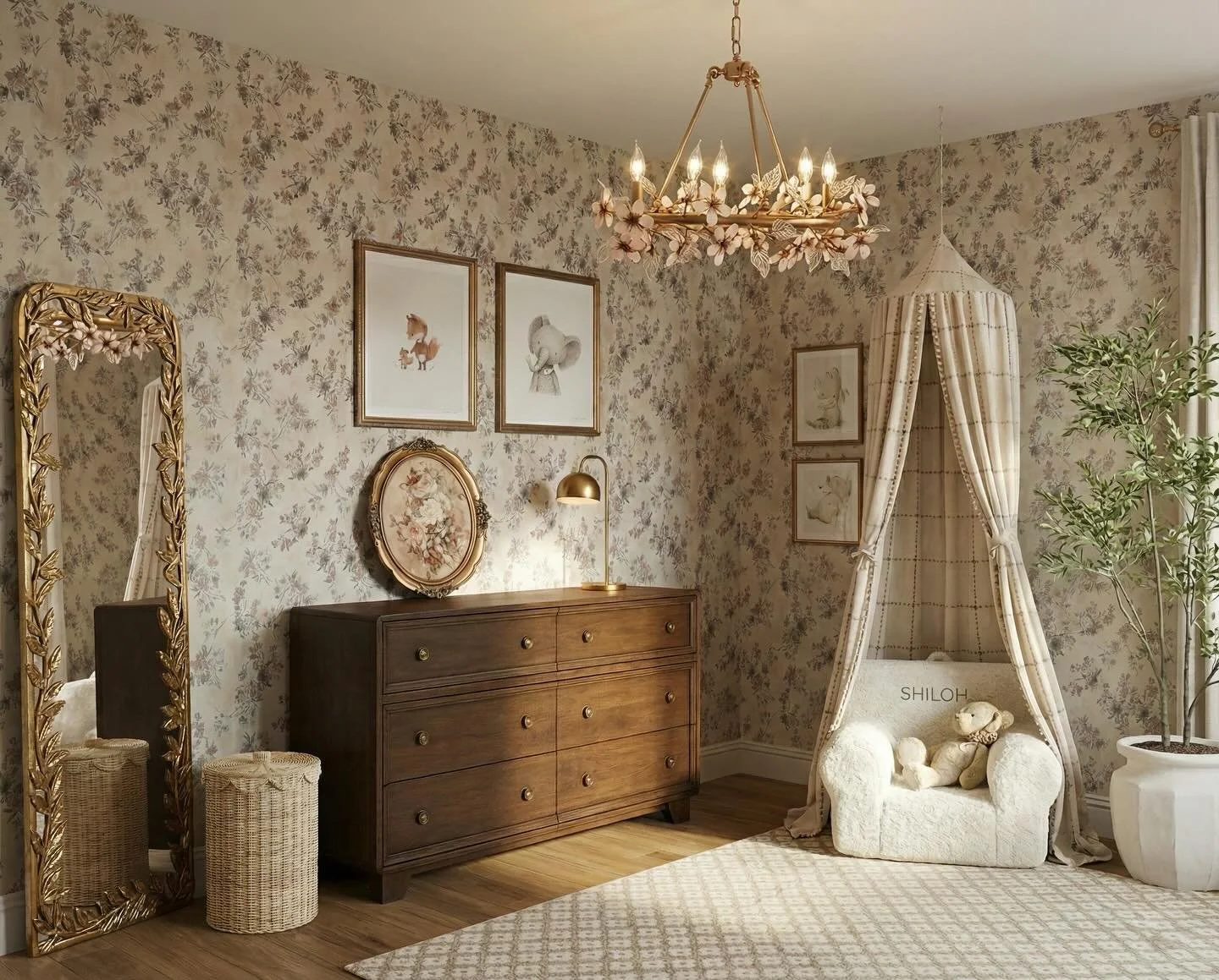 For this project, I started by building a mood board that captured the overall vision: soft textures, calming neutrals, a touch of whimsy, and pieces that feel both timeless and inviting. Once the palette and mood were set, I brought the space to lif