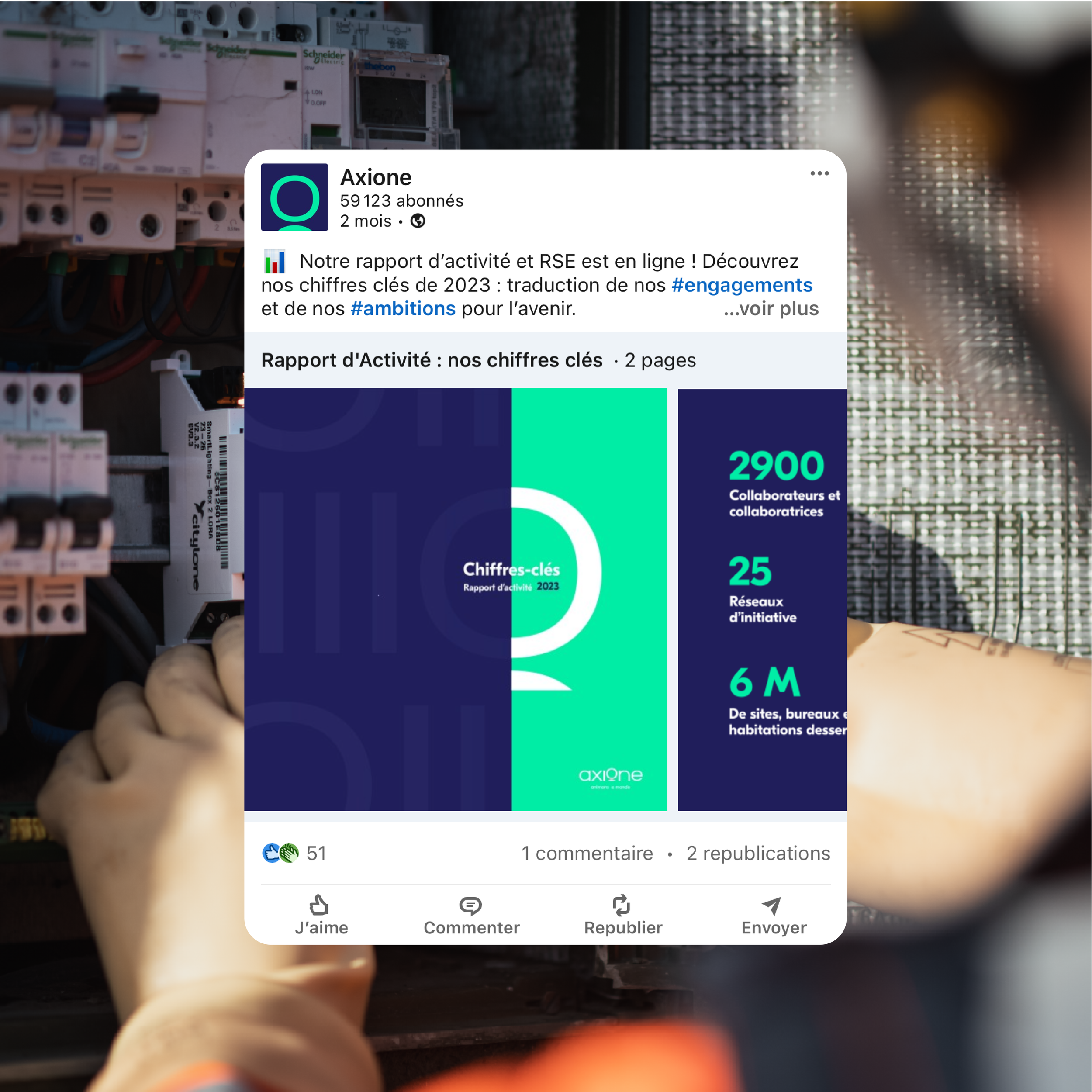 Capture d'écran d'une publication sur LinkedIn présentant le rapport d'activité et de RSE d'Axione pour l'année 2023, avec des statistiques clés telles que 2900 collaborateurs, 25 réseaux d'initiative et 6 millions de sites, bureaux et habitations de