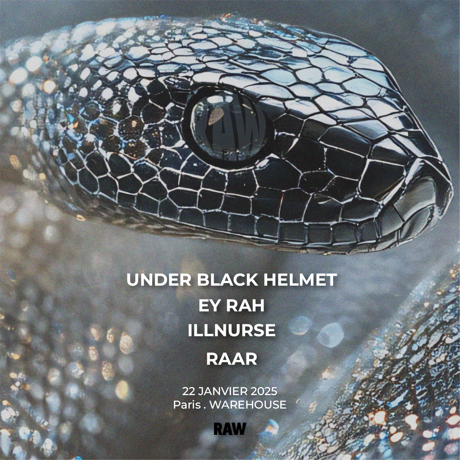 Une photo en gros plan d'une peau de lézard ou en verre noir brillant. Texte en français et anglais superposé : détails d'un événement ou d'une présentation, avec la date 22 janvier 2025 à Paris, Warehouse, et le mot 'RAW'