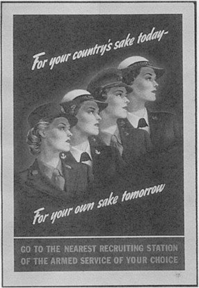 WWII military recruitment poster featuring women of the military.