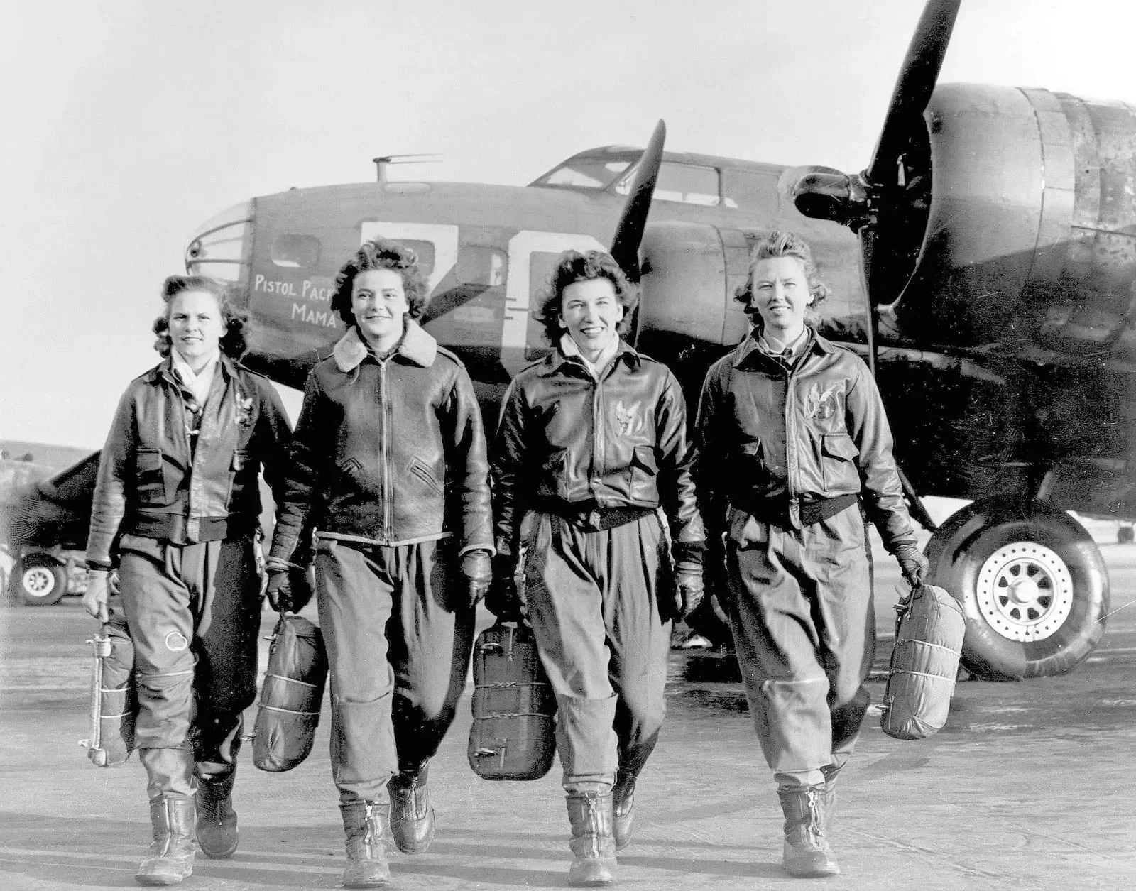WASP Flying school students in Lokburne, Ohio. From left to right: Francis Green, Margaret (Peg) Kirchner, Ann Waldner and Blanche Osborn.