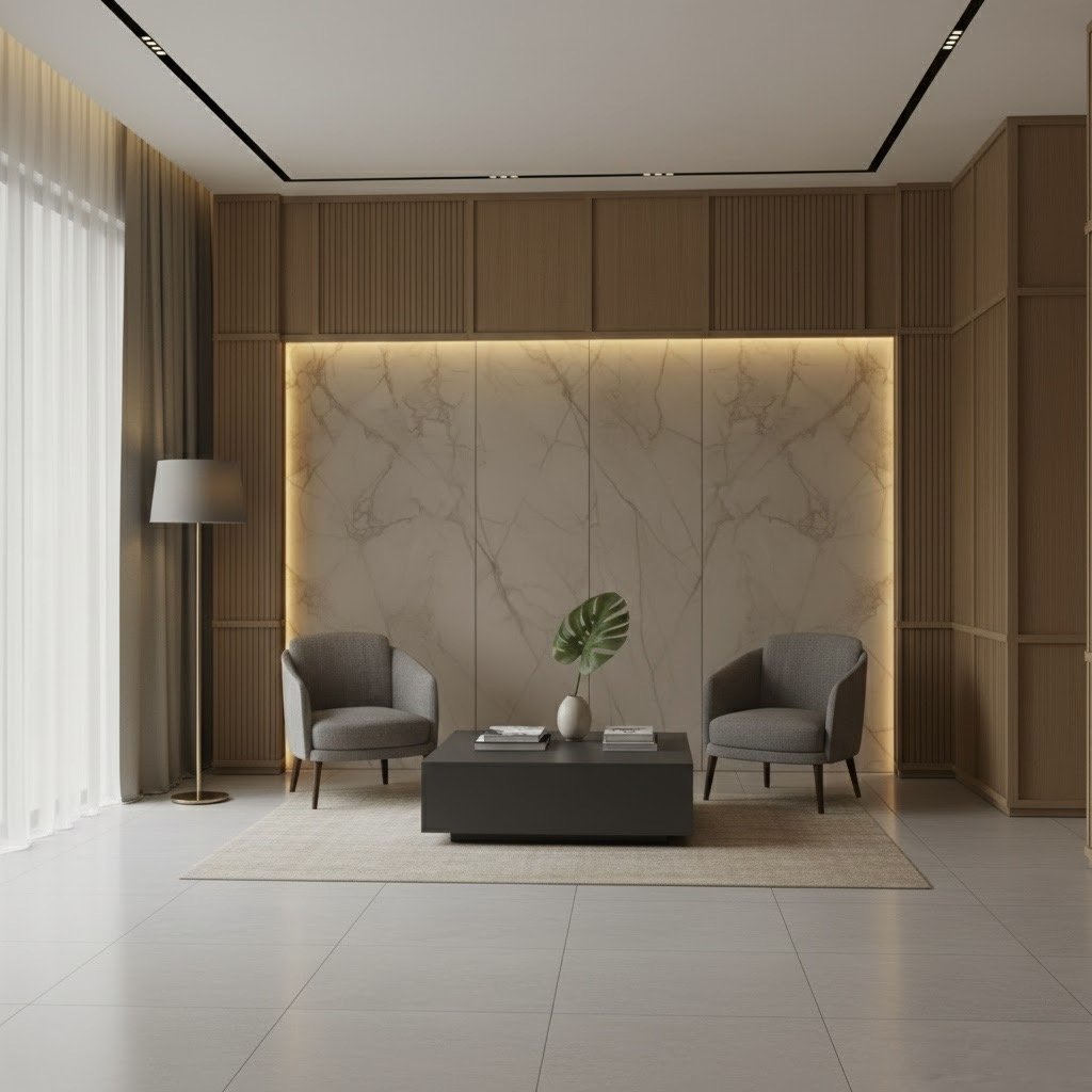 Minimalist living room with two gray armchairs, modern coffee table with magazines and a plant, wooden wall panels, marble wall feature with backlit lighting, sheer curtains, and a standing lamp.