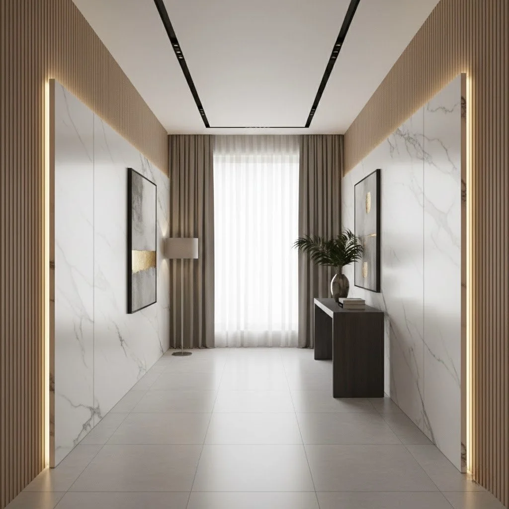 Modern interior hallway with wooden slat walls, marble accent walls, a large window with sheer curtains, a potted plant on a dark side table, and framed artwork.