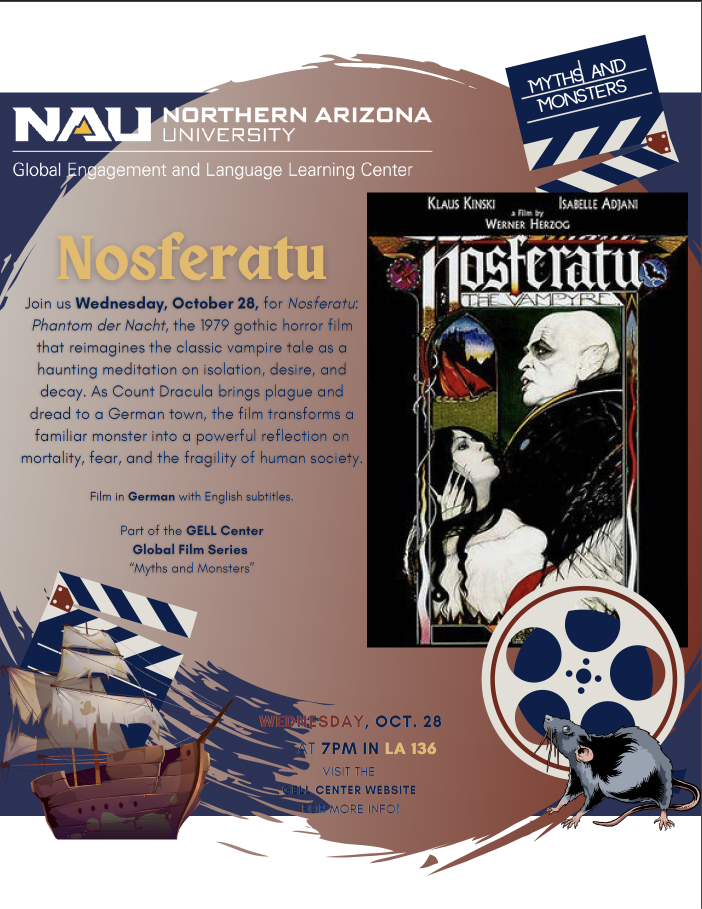 Join us Wednesday, October 28, at 7 PM in LA Room 136 for Nosferatu:  Phantom der Nacht,