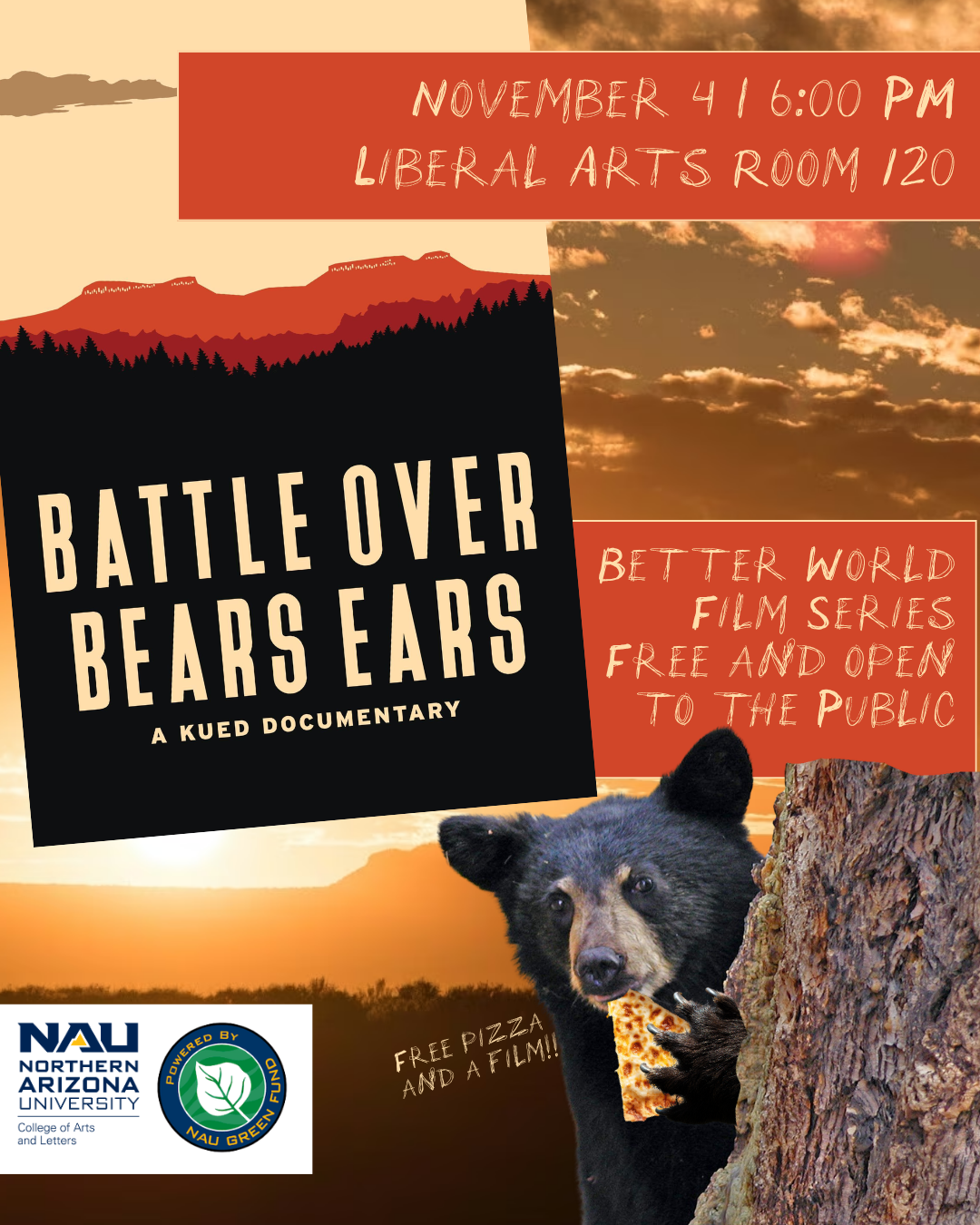 What is the fuss around bears Ears? Come find out!  Who will be heard in the fight to preserve our public lands and valuable habitat right here in our backyard?  Free and open to the public  Wednesday | November 4 | 6 PM | Liberal Arts Building | Roo