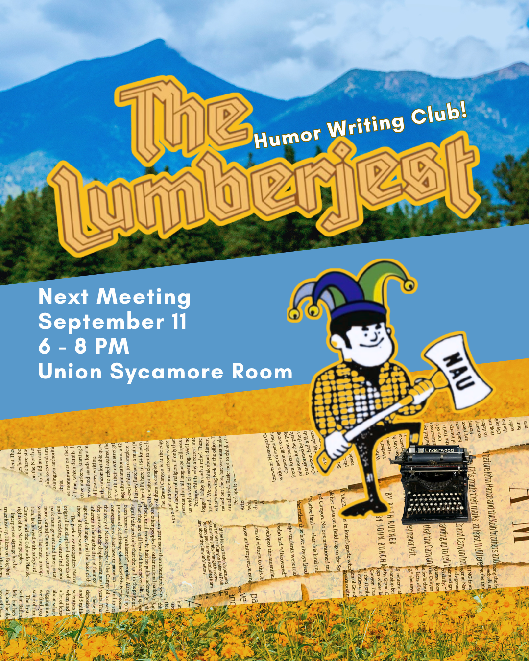 Lumberjest Humor Writing Club!  September 11  6-8 PM  The Union's Sycamore Room!  Be there and be funny!  #CALisCommunity #CALclubs