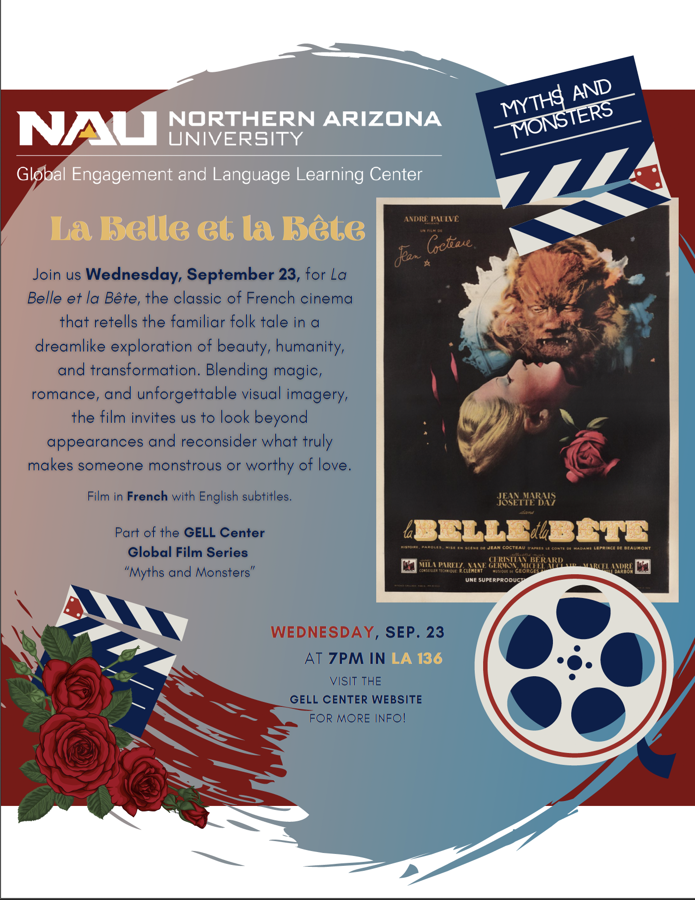 Join us Wednesday, September 23, at 7 PM in Liberal Arts Room 136 for La Belle et la Bête, the classic of French cinema trailer below 