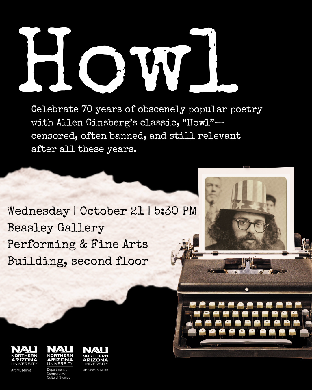 Join us in celebrating the 70th anniversary of the publication of Howl, a controversial often banned poem by celebrated beat poet, Allen Ginsberg. Read the poem here: https://www.poetryfoundation.org/poems/49303/howl  Wednesday | October 21 | 5:30 PM
