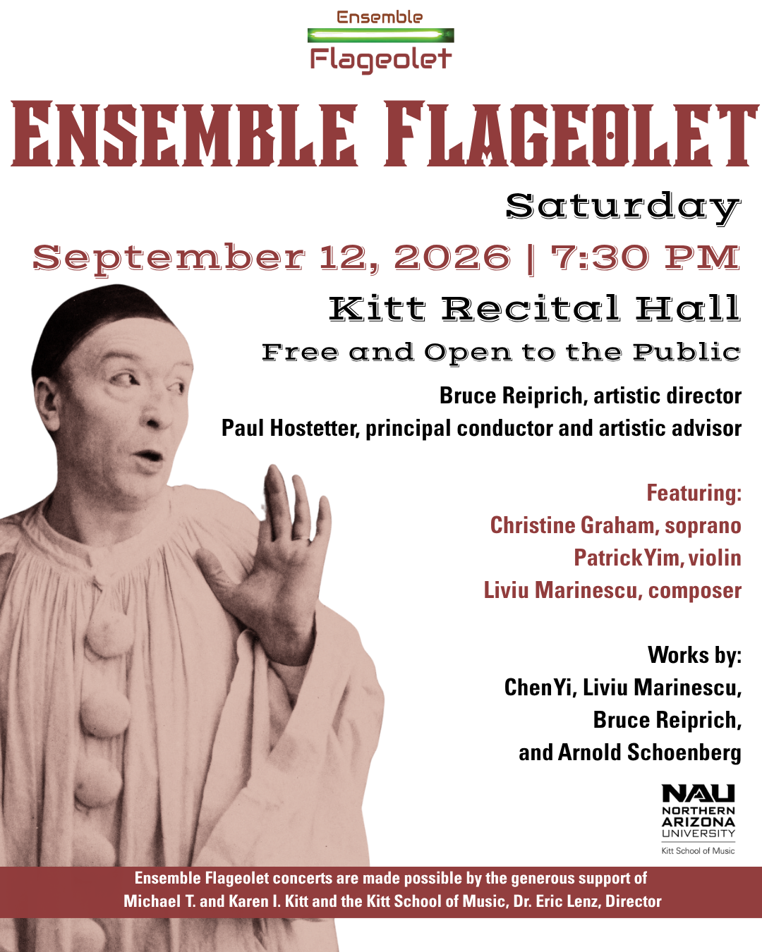Ensemble Flageolet  Saturday | September 12, 2026 | 7:30 pm  Kitt Recital Hall  Free and Open to the Public  Bruce Reiprich, artistic director  Paul Hostetter, principal conductor and artistic advisor  Featuring:  Christine Graham, soprano  Patrick Y