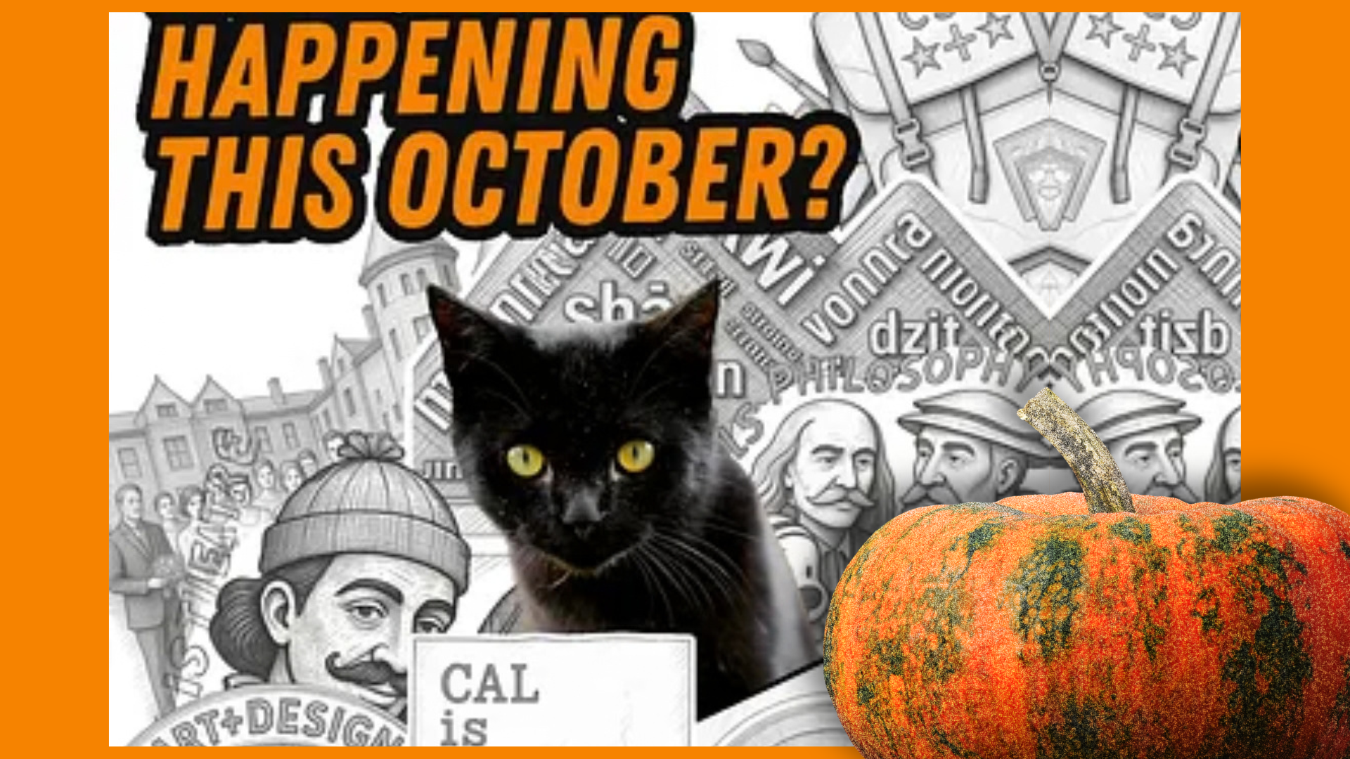 Happening This October? Cat with sketchy images representing CAL disciplines and a pumpkin
