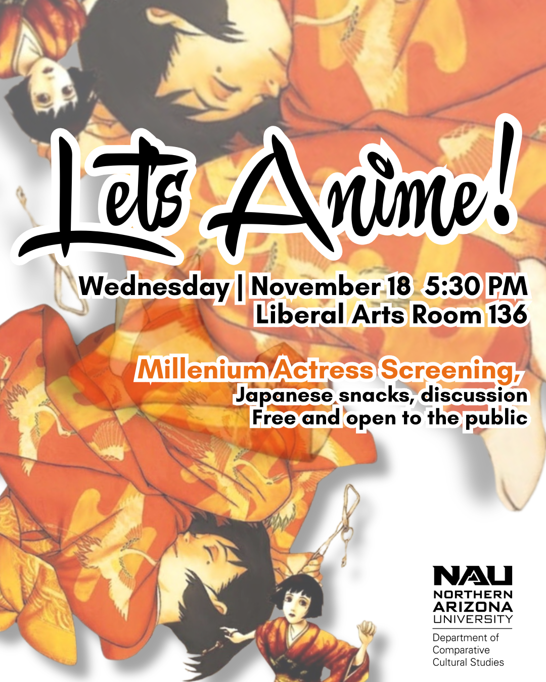 Join Comparative Cultural Studies and the College of Arts and letters for a special showing of Satoshi Kon's Millenium Actress for this semester’s edition of Let’s Anime!  Enjoy Japanese snacks and discussion with other anime enthusiasts!  Let's Anim
