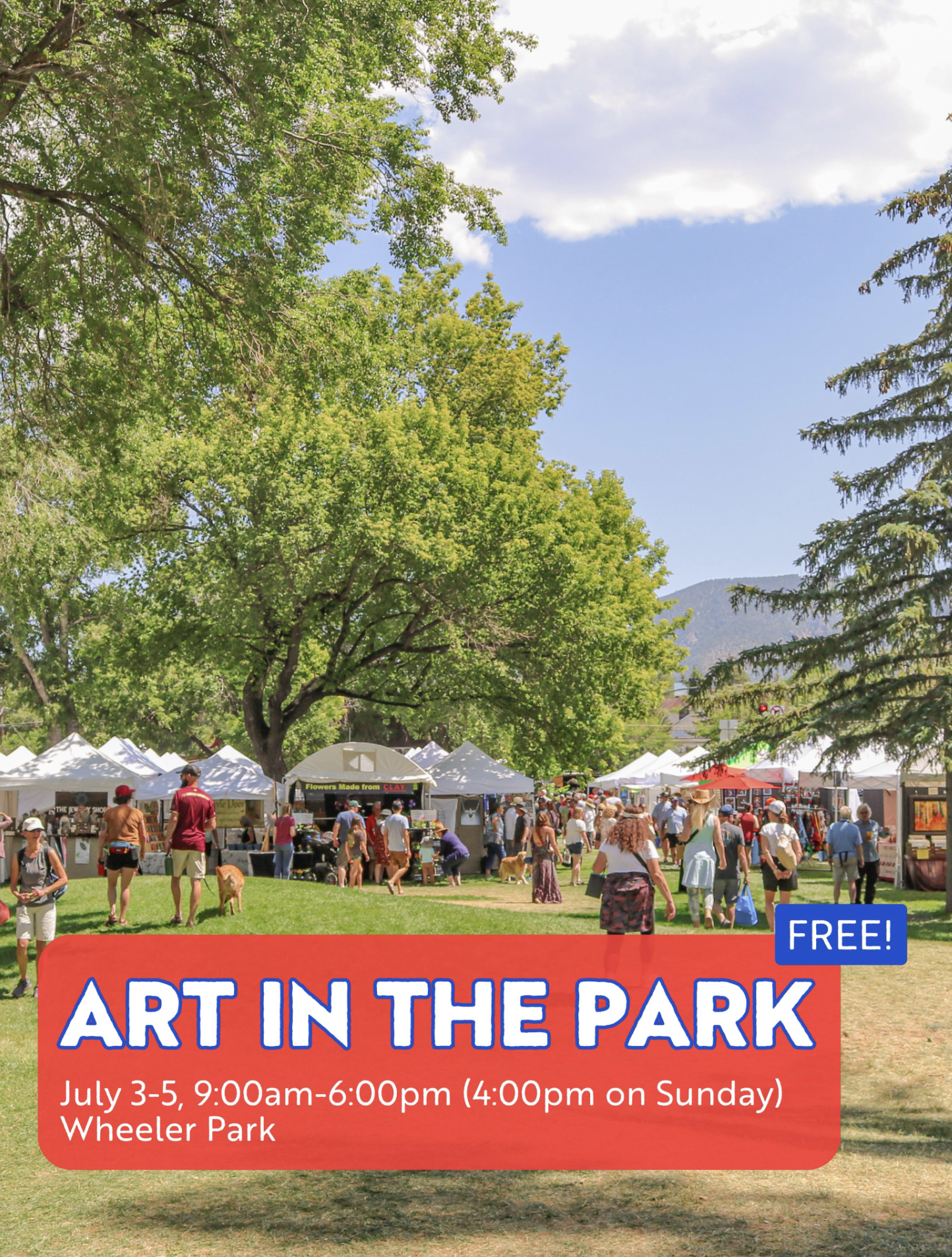 Art in the park July 3 - 5 9 AM - 6 PM Wheeler park, click for more info
