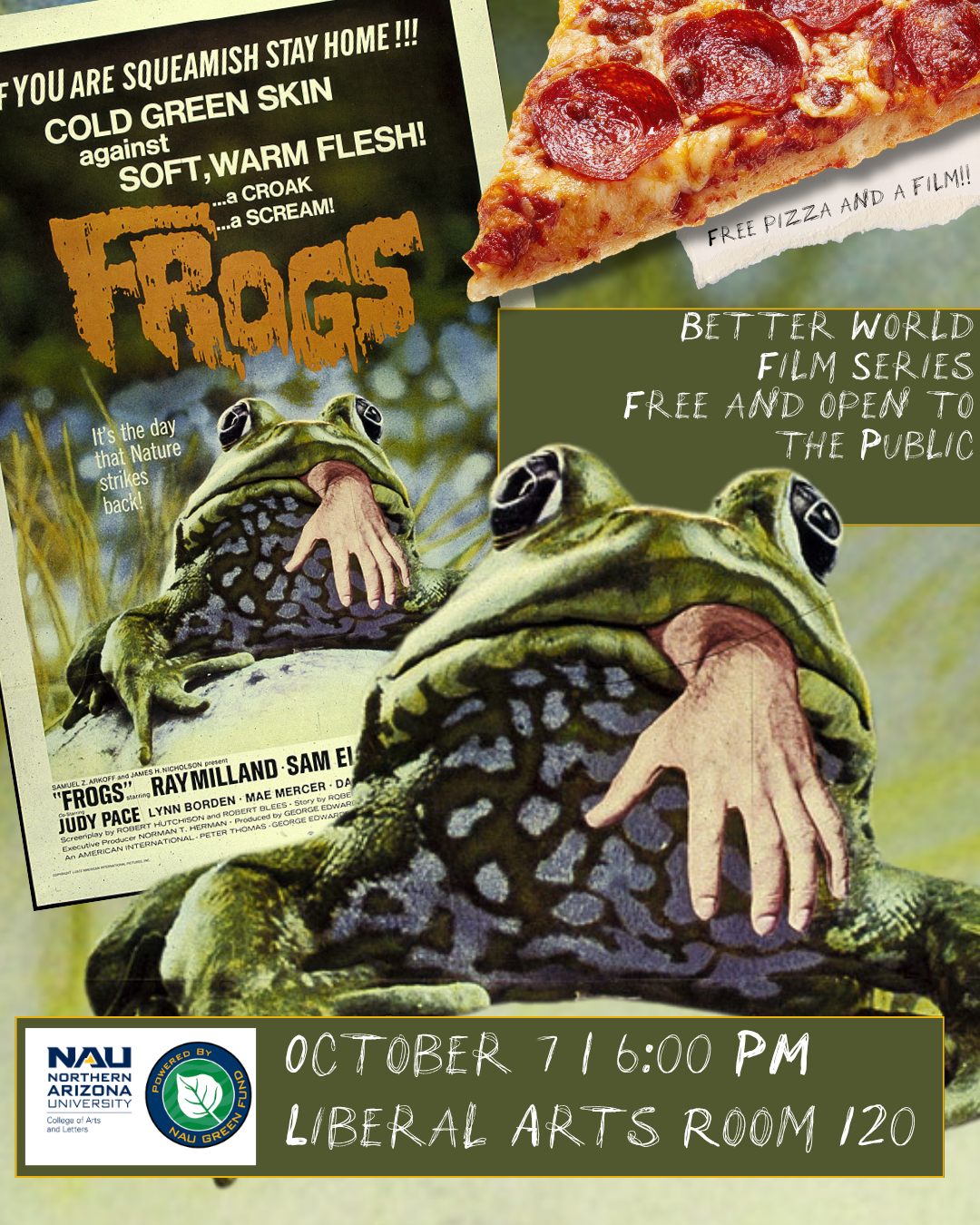 Come on down to Liberal Arts room 120 for a flash from the past with FROGS - when nature gets her revenge!   It’s a 1970’s horror flick aiming to kick start the environmental movement and possibly take a shot at anyone everyone who enjoyed high schoo