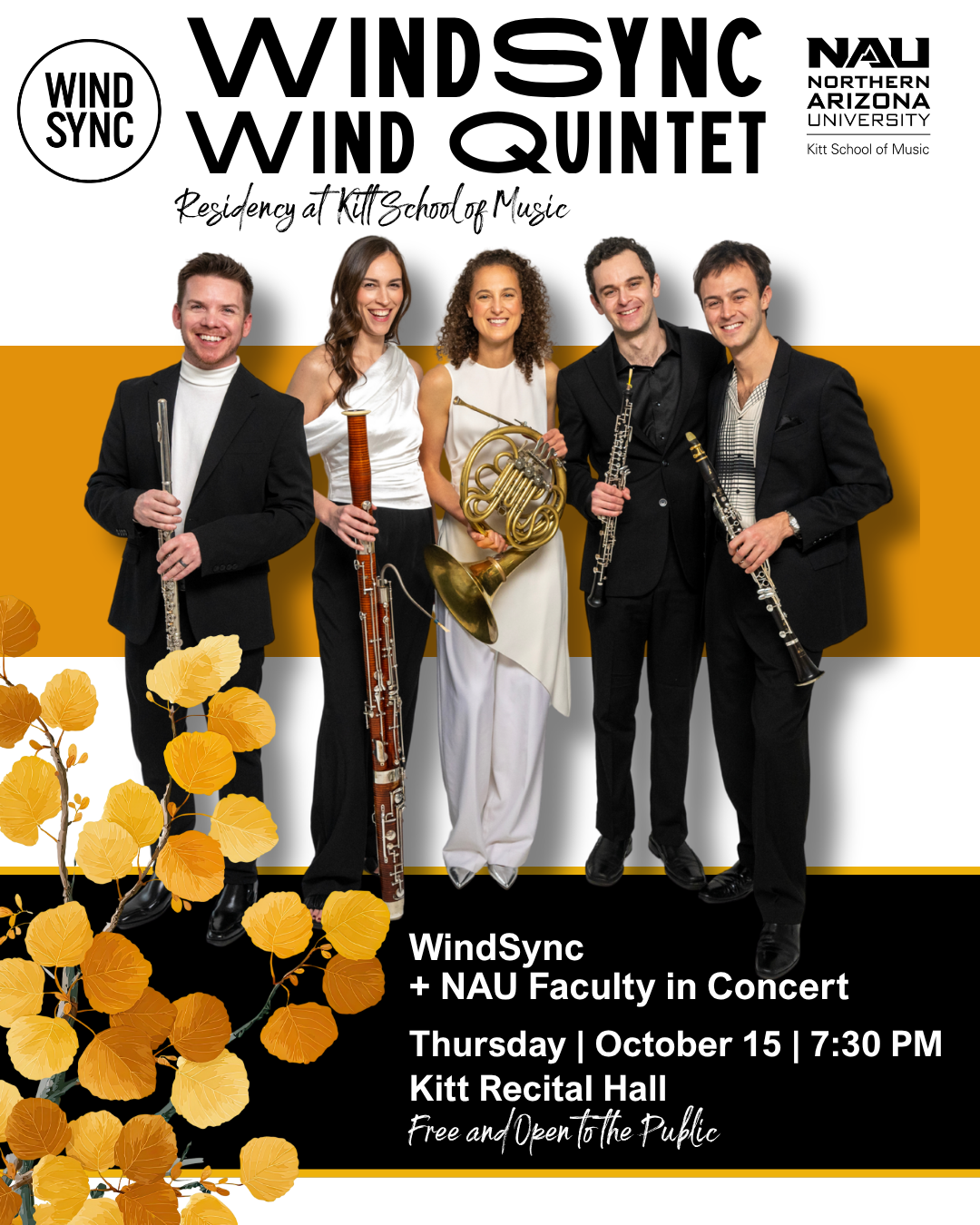 WindSync Wind Quintet is coming to NAU’s Kitt School of Music for a residency this October! The entire community is invited to a free concert featuring WindSync and NAU Faculty from KSOM on Thursday evening October 15 at 7:30 PM in Kitt Recital Hall