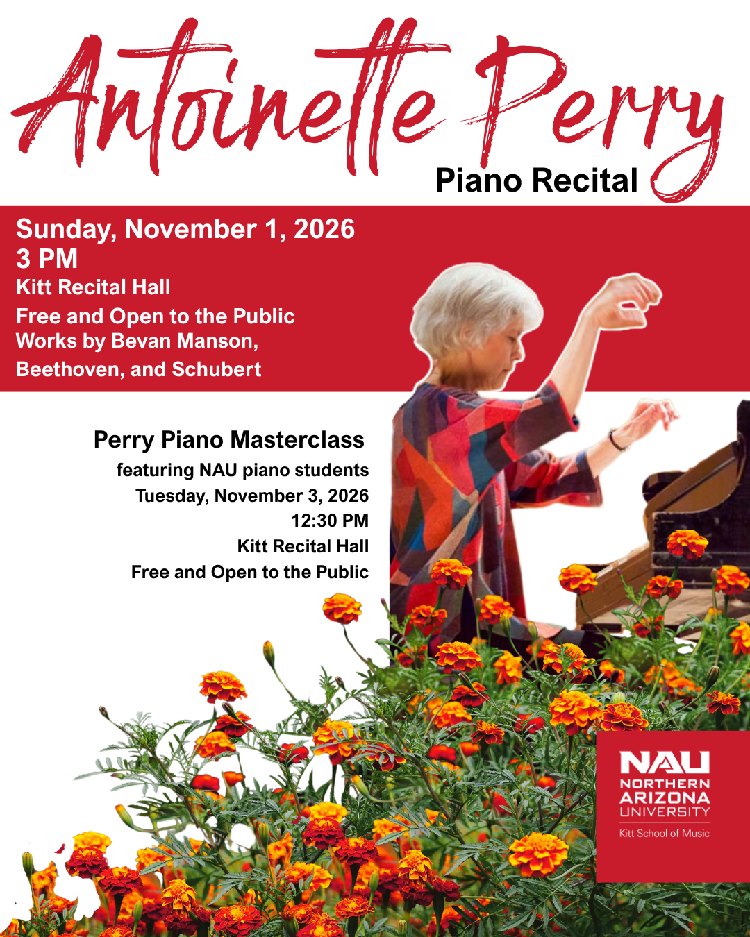 Join Kitt School of Music and  visiting artist Antoinette Perry for a November Piano Recital  Sunday, November 1 | 3 PM | Kitt Recital Hall  Works by Bevan Manson, Beethoven, and Schubert.  Free and open to the public.