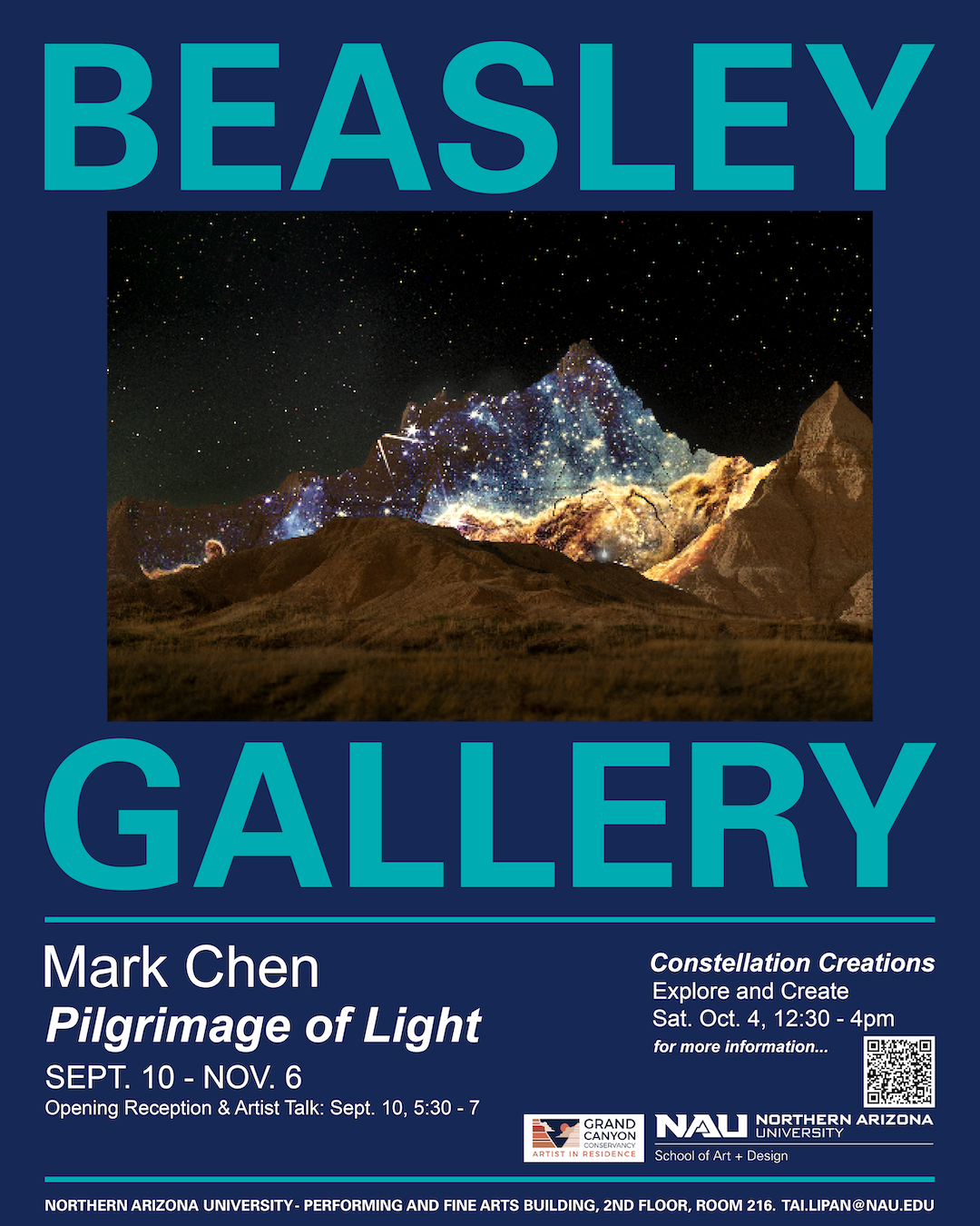Pilgrimage of Light  Sept. 10 - Nov. 6  Reception: Thurs. Sept. 10, 5:30-7 PM  Pilgrimage of Light is an exhibition by Texas- based artist and Grand Canyon Artist in Residence Mark Chen. His photographs unite the cosmos and Earth, aligning starlight 
