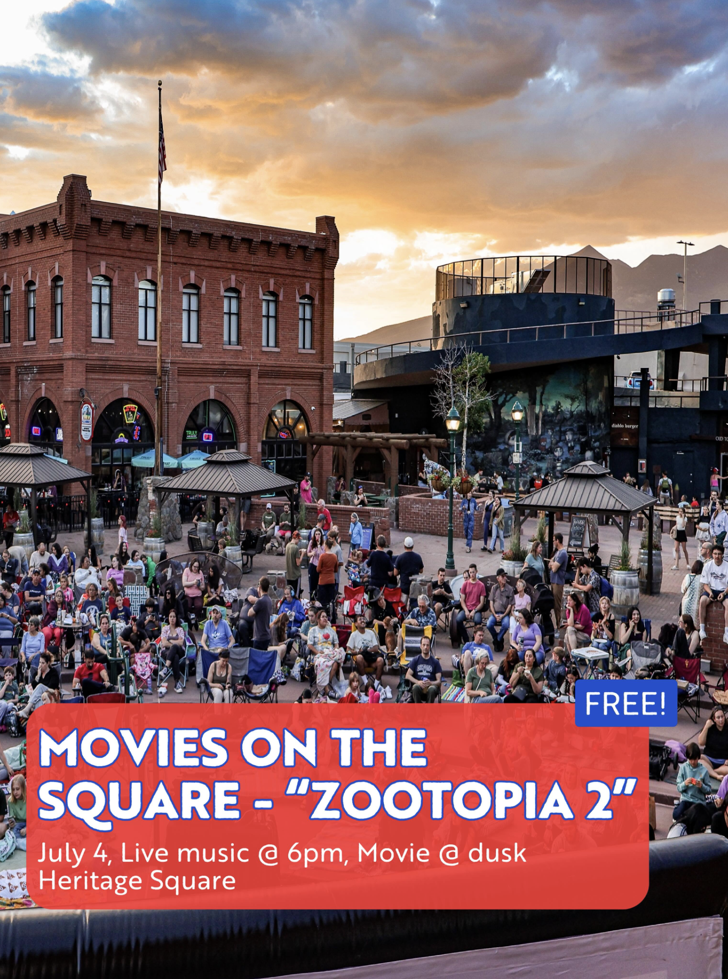 movies on the square Zootopia 2 July 4  - live music at 6 PM at Heritage square