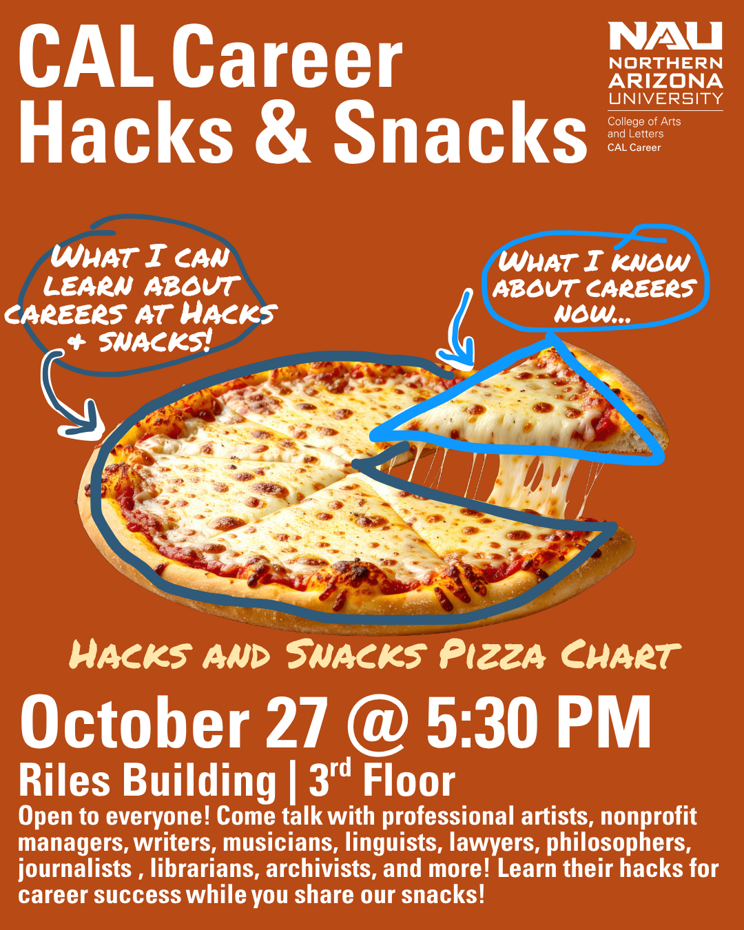 CAL Career Hacks and Snacks | October 27 | 5:30 PM | Riles third Floor | Open to everyone! Come talk with professional artists, nonprofit managers, writers, musicians, linguists, lawyers, philosophers, journalists , librarians, archivists, and more! 