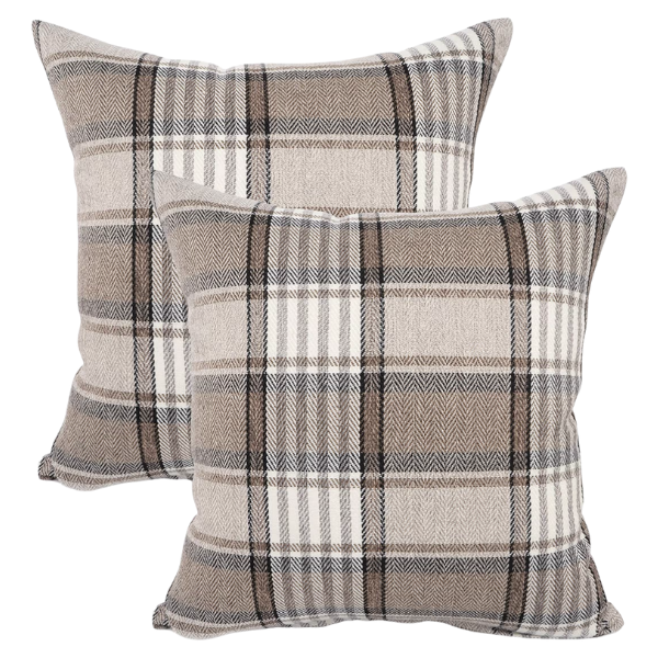 SET OF 2 BROWN & BLUE PLAID PILLOW COVERS
