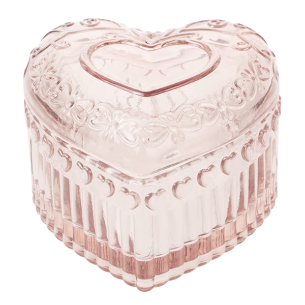 LIGHT PINK HEART SHAPED GLASS JEWELRY BOX