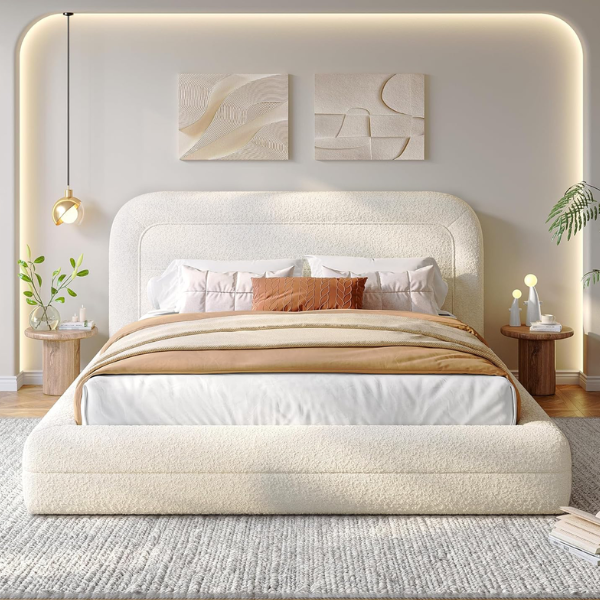 BEIGE BOUCLE BED FRAME