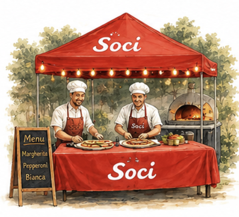 Illustration of two pizza chefs under a tent cooking Neapolitan pizza by Soci Pizza.