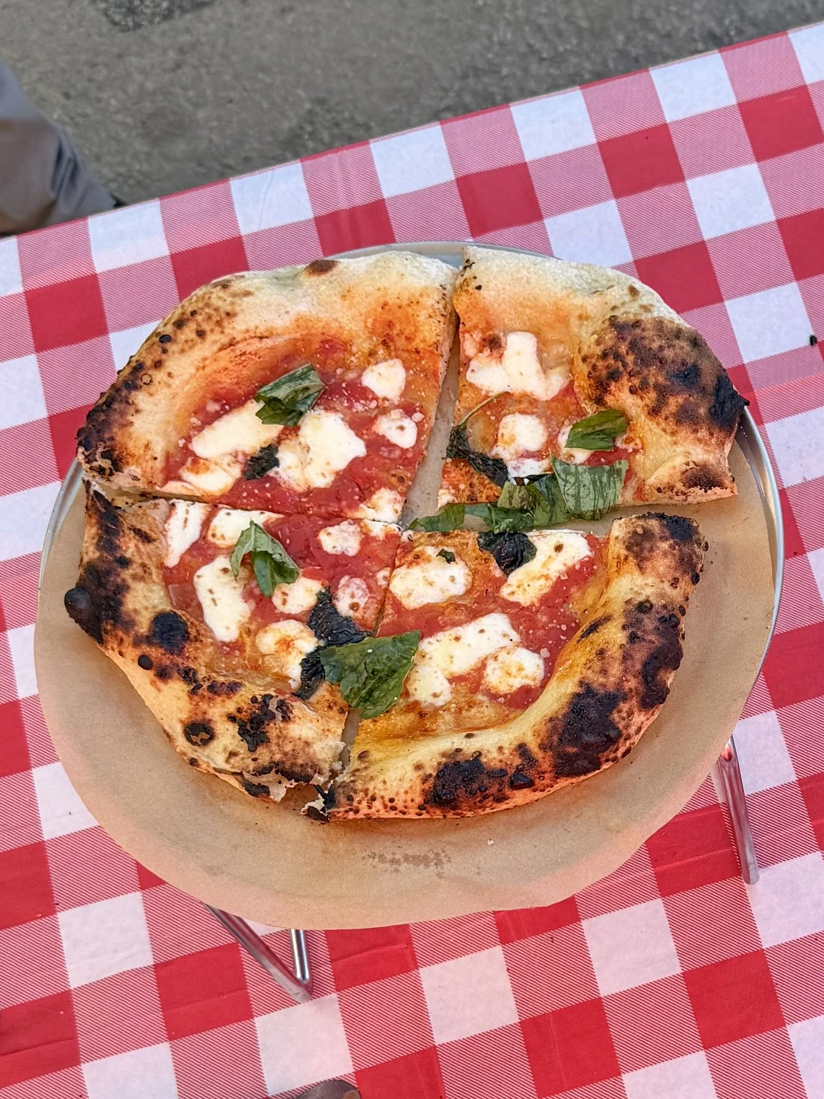 Margherita pizza served from Soci Pizza truck catering in Raleigh-Durham, NC, fresh from the oven.