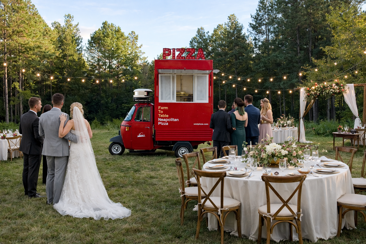 Soci Pizza truck providing pizza truck catering at an outdoor wedding in Raleigh-Durham, North Carolina, serving guests fresh Neapolitan pizzas.
