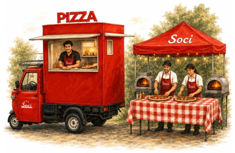 Pizza truck and tent illustration with 3 chefs and ovens.