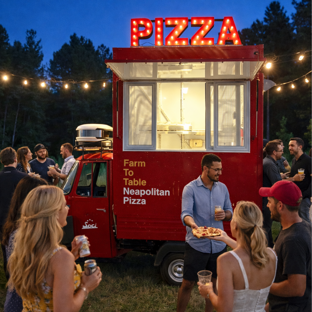 Soci Pizza truck providing pizza truck catering at an outdoor party at twilight in Cary, North Carolina, with guests enjoying fresh Neapolitan pizzas.