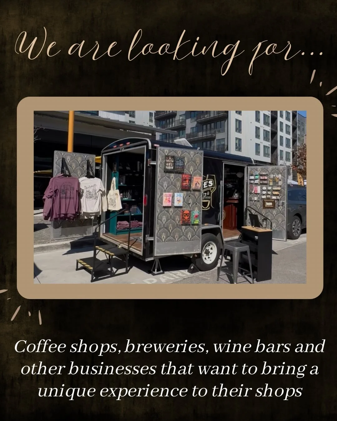 We&rsquo;re looking to partner with coffee shops, breweries, wine bars, anywhere to bring our mobile bookshop! Not the owner but got some go-to spots you think would be our perfect match? Tag them below!