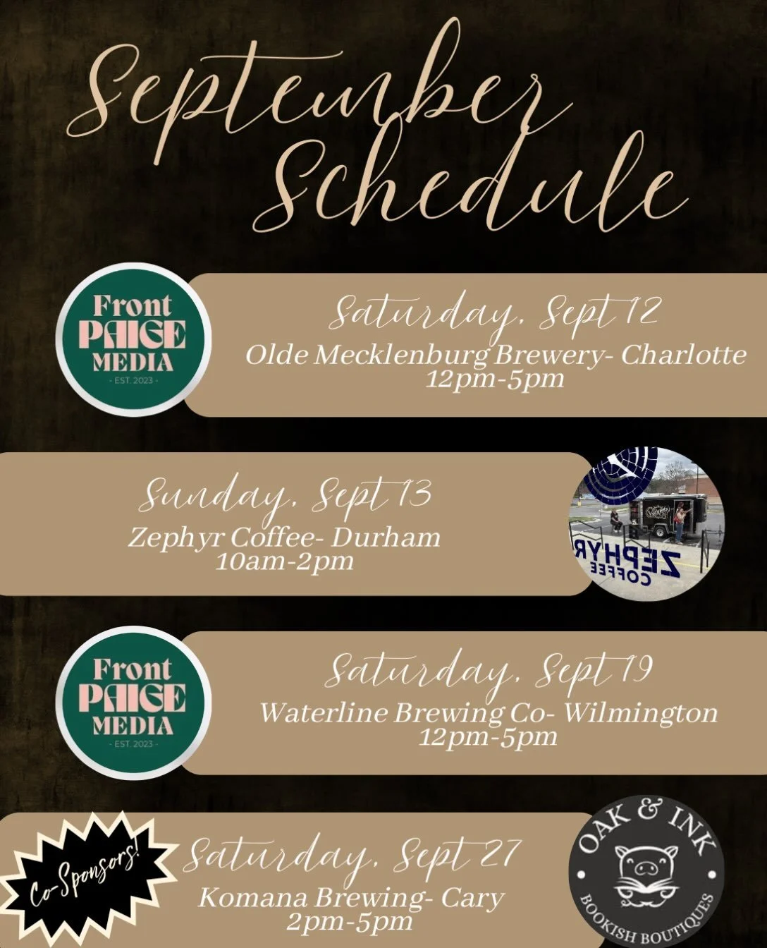 We&rsquo;re zig-zagging across NC this fall so make sure you catch us when we&rsquo;re nearby!!! 

Special shout out to @oakandink_bookish who were co-sponsoring a mini book fair with at @komanabrewing in Cary at the end of the month!