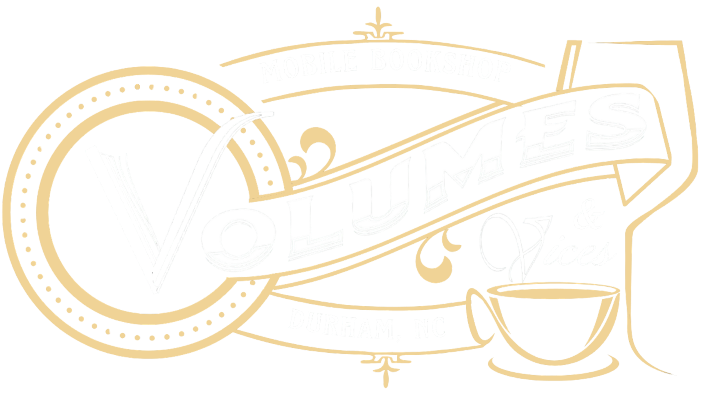 A speakeasy-style sign for a mobile bookshop named 'Volumes & Vices' in Durham, North Carolina, featuring a large wine glass, a coffee cup, and the words 'Mobile Bookshop'.