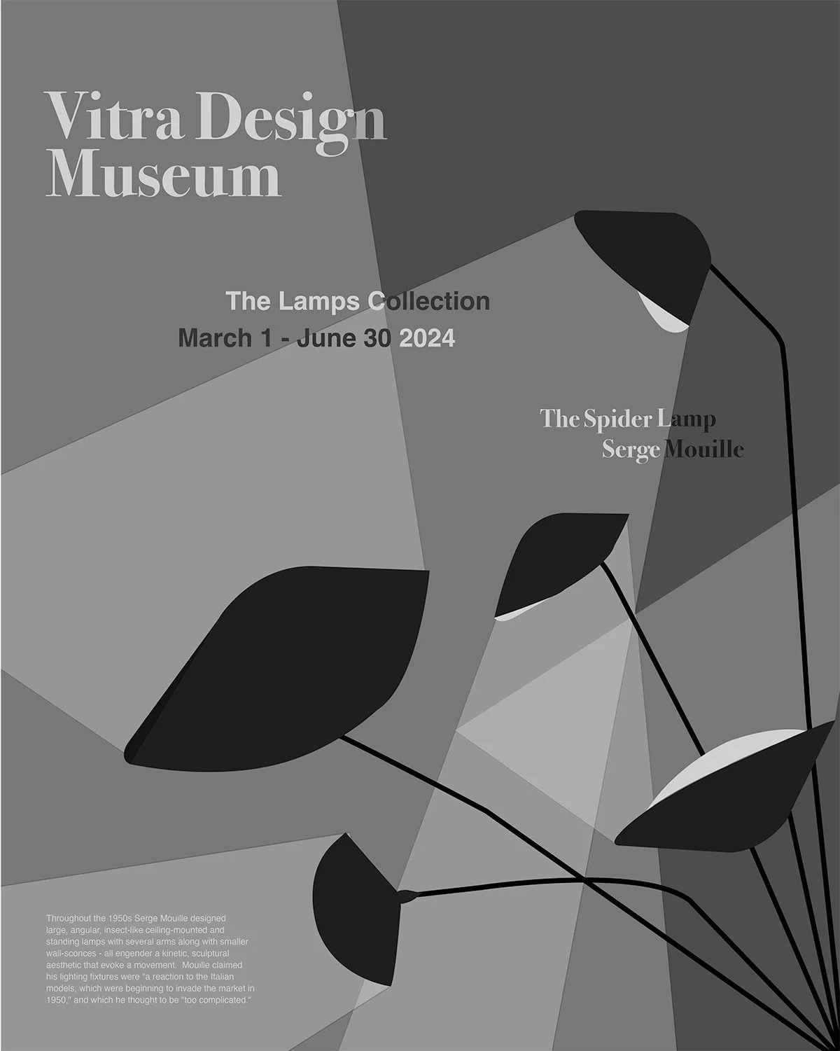 Design poster for Vitra Design Museum exhibit featuring lamps by Serge Mouille, including the Spider Lamp, running from March 1 to June 30, 2024, with a background of stylized lamps and geometric abstract shapes in grayscale.