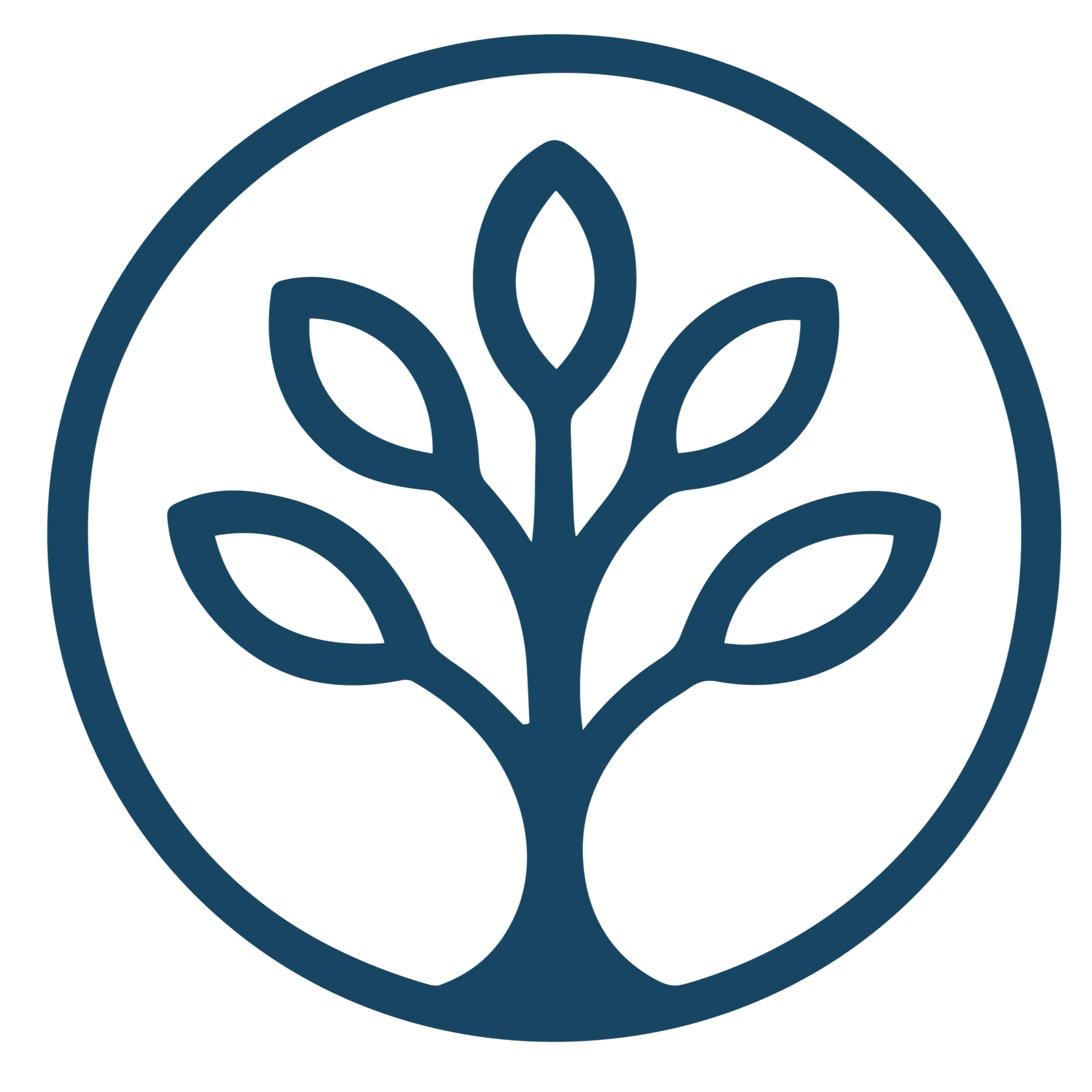 A logo featuring a circular outline with a stylized tree or plant with three leaves inside, rendered in dark blue.