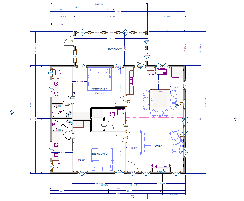 Architectural floor plan drawing showing layout of bedrooms, bathrooms, sunroom, and open kitchen and living area.