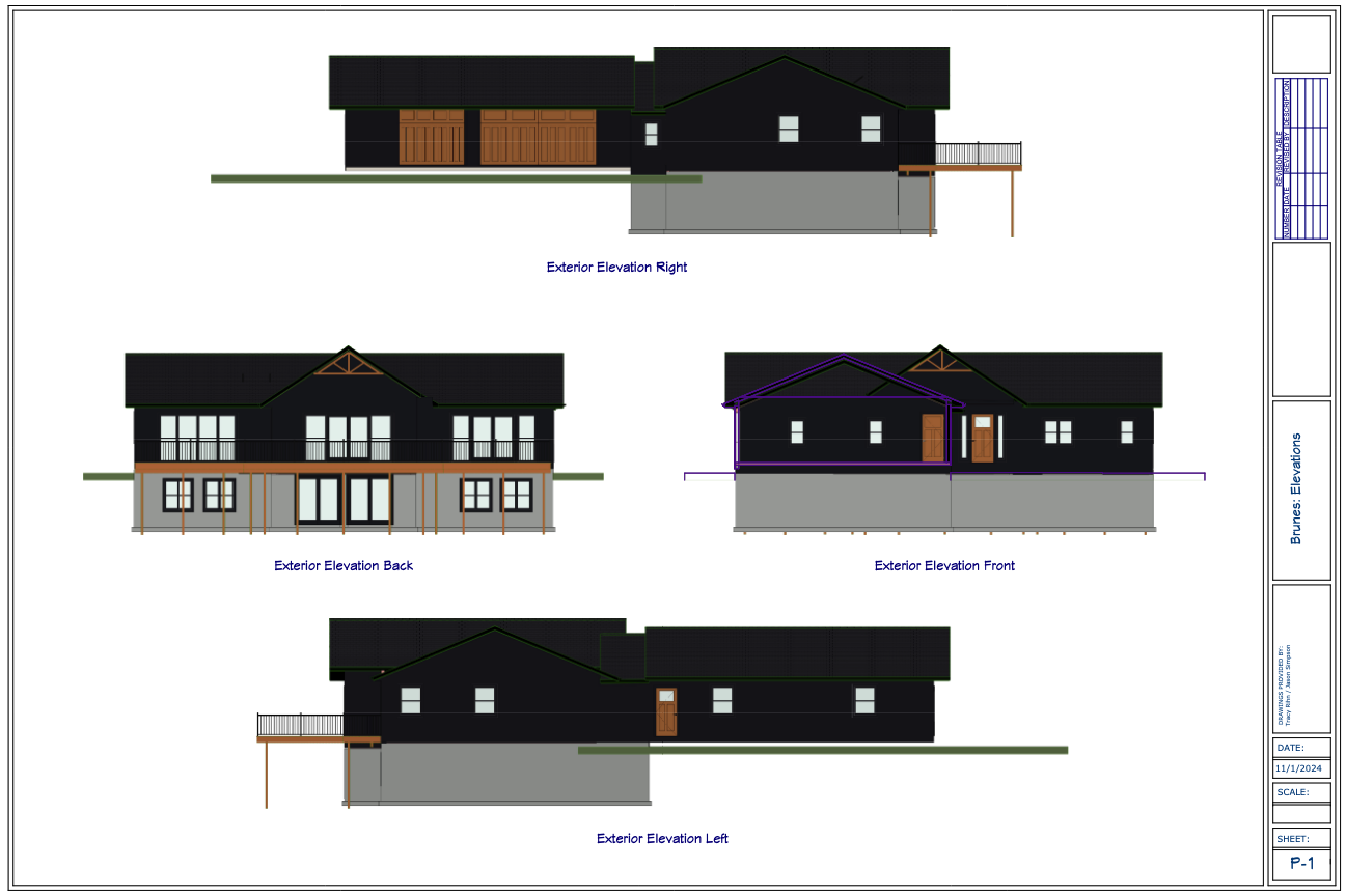 Architectural blueprint showing exterior elevation drawings of a custom home from multiple angles