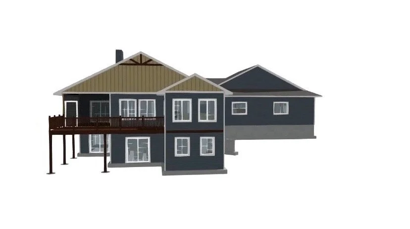 3D exterior rendering of custom home with elevated deck, multiple rooflines, and large windows overlooking the landscape.